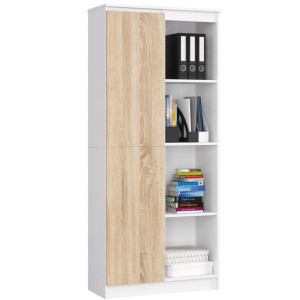 Bibliothèque De Bureau Akord R80 Blanche 80 Cm 1 Porte Façade Chêne Sonoma Mat 8 Étagères 80X35X180 Cm