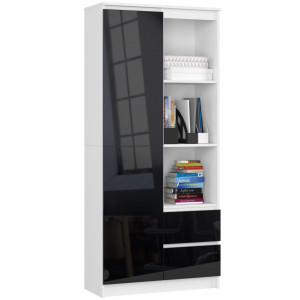 Bibliothèque De Bureau Akord R11 Blanche 80 Cm 1 Porte 2 Tiroirs Façade Noir Brillant 7 Étagères 80X35X180 Cm