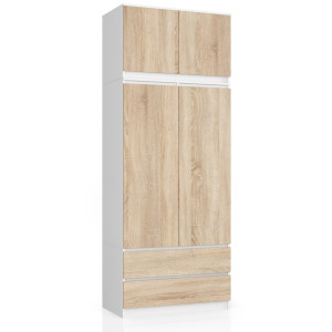 Armoire Avec Surmeuble Akord S90 Blanche 90 Cm 2 Portes 2 Tiroirs Façade Chêne Sonoma 6 Étagères 90X51X234 Cm