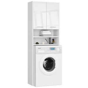 Meuble Pour Machine À Laver Fin Blanche 64 Cm 2 Portes Façade Blanche Brillante Niche 4 Étagères 64X30X180 Cm