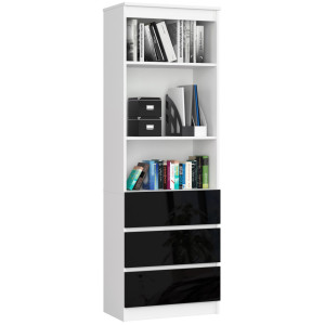 Bibliothèque De Bureau Akord R60 Blanche 60 Cm 3 Tiroirs Façade Noir Brillant 3 Étagères 60X35X180 Cm