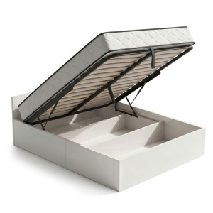 Lit Coffre 140X200 Cm Sommier Relevable En Métal Et Matelas À Ressorts Blanc