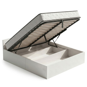 Lit Coffre 160X200 Cm Sommier Relevable En Métal Et Matelas À Ressorts Blanc
