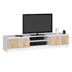 Meuble Tv Pour Salon Akord Blanc 160 Cm 2 Portes Façade Chêne Sonoma 2 Étagères 160X40X33 Cm