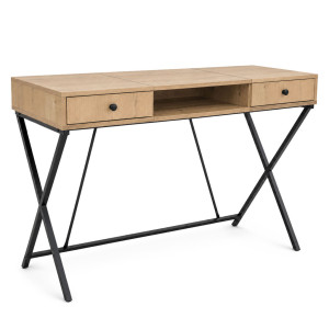 Bureau Informatique Industriel Chêne Artisan Crossline 120Cm 2 Tiroirs 1 Étagère Pieds Noirs