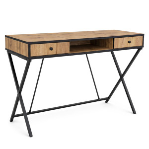 Bureau Informatique Industriel Chêne Craft Crossline 120Cm 2 Tiroirs 1 Étagère Pieds Noirs