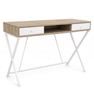Bureau Informatique Industriel Chêne Sonoma Crossline 120Cm 2 Tiroirs 1 Étagère Pieds Blancs