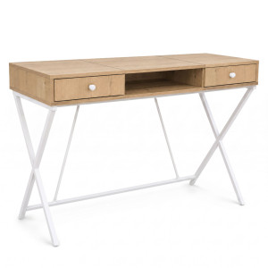 Bureau Informatique Industriel Chêne Artisan Crossline 120Cm 2 Tiroirs 1 Étagère Pieds Blancs
