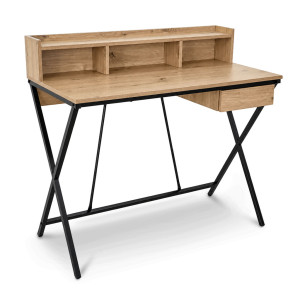 Bureau Informatique Industriel Chêne Artisan Flexo 100Cm 1 Tiroir 1 Étagère Pieds Noirs