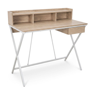 Bureau Informatique Industriel Chêne Sonoma Flexo 100Cm 1 Tiroir 1 Étagère Pieds Blancs