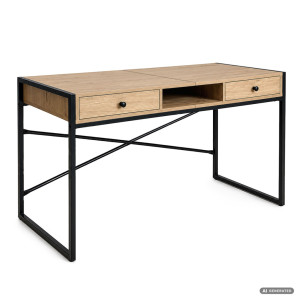 Bureau Informatique Style Industriel Chêne Artisan Elonis 123 Cm 2 Tiroirs 1 Étagère Pieds Noirs