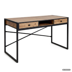 Bureau Informatique Style Industriel Chêne Craft Elonis 123 Cm 2 Tiroirs 1 Étagère Pieds Noirs