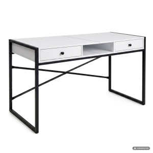 Bureau Informatique Style Industriel Blanc Elonis 123 Cm 2 Tiroirs 1 Étagère Pieds Noirs