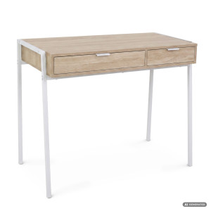 Bureau Informatique Style Industriel Chêne Sonoma Zentia 100 Cm 2 Tiroirs Pieds Blancs