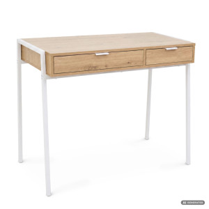 Bureau Informatique Style Industriel Chêne Artisan Zentia 100 Cm 2 Tiroirs Pieds Blancs