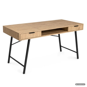 Bureau Informatique Style Industriel Chêne Artisan Arden 120 Cm 2 Tiroirs 1 Étagère Pieds Noirs