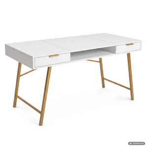 Bureau Informatique Style Industriel Blanc Arden 120 Cm 2 Tiroirs 1 Étagère Pieds Dorés
