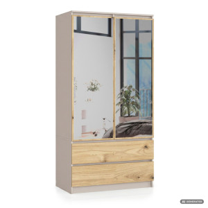 Armoire Akord S90 Avec Miroir Cachmire 90 Cm 2 Portes 2 Tiroirs Façade Chêne Artisan 4 Étagères 90X51X180 Cm