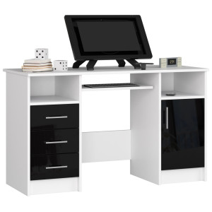 Bureau D'ordinateur Akord Ana Blanc 124 Cm 1 Porte 3 Tiroirs Façade Noir Brillant 5 Étagères 124X52X74 Cm