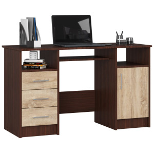 Bureau D'ordinateur Akord Ana Wengé 124 Cm 1 Porte 3 Tiroirs Façade Chêne Sonoma 5 Étagères 124X52X74 Cm