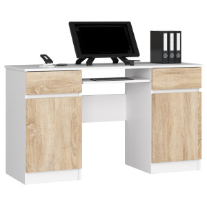 Bureau D'ordinateur Akord A5 Blanc 135 Cm 2 Portes 2 Tiroirs Façade Chêne Sonoma 5 Étagères 135X50X77 Cm