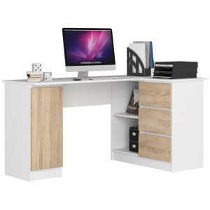 Grand Bureau D'angle Akord Droit B20 Blanc 155 Cm 1 Porte 3 Tiroirs Façade Chêne Sonoma 4 Étagères 155X85X77 Cm