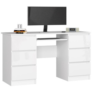 Bureau D'ordinateur Akord A11 Blanc 135 Cm 6 Tiroirs Façade Blanche Brillante 135X50X77 Cm