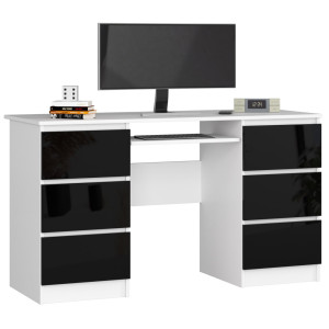 Bureau D'ordinateur Akord A11 Blanc 135 Cm 6 Tiroirs Façade Noir Brillant 135X50X77 Cm