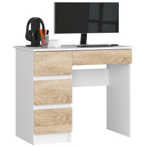 Bureau D'ordinateur Akord Gauche A7 Blanc 90 Cm 4 Tiroirs Façade Chêne Sonoma 90X50X77 Cm