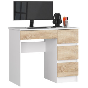 Bureau D'ordinateur Akord Droit A7 Blanc 90 Cm 4 Tiroirs Façade Chêne Sonoma 90X50X77 Cm