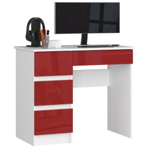 Bureau D'ordinateur Akord Gauche A7 Blanc 90 Cm 4 Tiroirs Façade Rouge Brillante 90X50X77 Cm