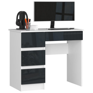 Bureau D'ordinateur Akord Gauche A7 Blanc 90 Cm 4 Tiroirs Façade Graphite Brillant 90X50X77 Cm