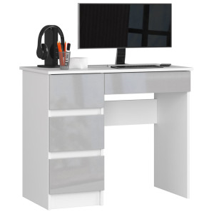 Bureau D'ordinateur Akord Gauche A7 Blanc 90 Cm 4 Tiroirs Façade Métallique Brillant 90X50X77 Cm