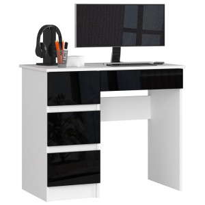 Bureau D'ordinateur Akord Gauche A7 Blanc 90 Cm 4 Tiroirs Façade Noir Brillant 90X50X77 Cm