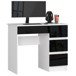 Bureau D'ordinateur Akord Droit A7 Blanc 90 Cm 4 Tiroirs Façade Noir Brillant 90X50X77 Cm