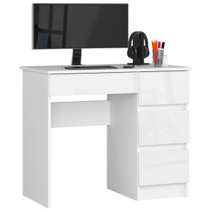 Bureau D'ordinateur Akord Droit A7 Blanc 90 Cm 4 Tiroirs Façade Blanche Brillante 90X50X77 Cm