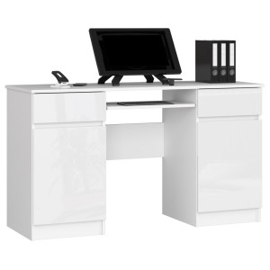 Bureau D'ordinateur Akord A5 Blanc 135 Cm 2 Portes 2 Tiroirs Façade Blanche Brillante 5 Étagères 135X50X77 Cm