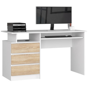 Bureau D'ordinateur Akord Clp Blanc 135 Cm 3 Tiroirs Façade Chêne Sonoma 2 Étagères 135X60X77 Cm