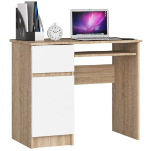 Bureau D'ordinateur Akord Gauche Piksel Chêne Sonoma 90 Cm 1 Porte 1 Tiroir Façade Blanche 3 Étagères 90X50X77 Cm