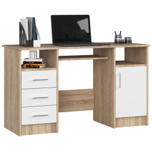 Bureau D'ordinateur Akord Ana Chêne Sonoma 124 Cm 1 Porte 3 Tiroirs Façade Blanche 5 Étagères 124X52X74 Cm