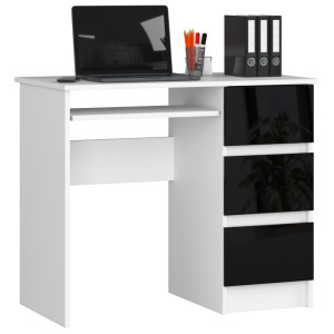 Bureau D'ordinateur Akord Droit A6 Blanc 90 Cm 3 Tiroirs Façade Noir Brillant 1 Étagère 90X50X77 Cm
