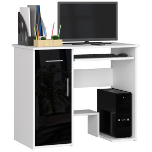 Bureau D'ordinateur Akord Jay Blanc 90 Cm 1 Porte 1 Tiroir Façade Noir Brillant 3 Étagères 90X50X74 Cm