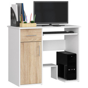 Bureau D'ordinateur Akord Jay Blanc 90 Cm 1 Porte 1 Tiroir Façade Chêne Sonoma 3 Étagères 90X50X74 Cm