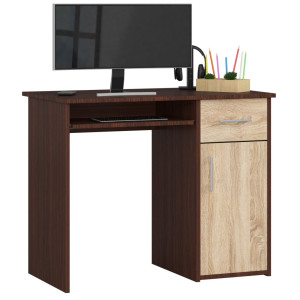 Bureau D'ordinateur Akord Pin Wengé 90 Cm 1 Porte 1 Tiroir Façade Chêne Sonoma 3 Étagères 90X50X74 Cm