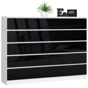 Grande Commode Pour Le Salon Akord K160 Blanche 160 Cm 10 Tiroirs Façade Noir Brillant 160X40X121 Cm