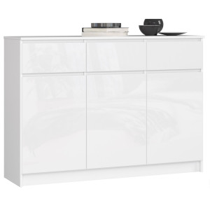 Commode Akord K140 Blanche 138 Cm 3 Portes 3 Tiroirs Façade Blanche Brillante 6 Étagères 138X40X99 Cm