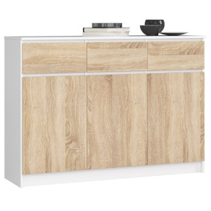 Commode Akord K140 Blanche 138 Cm 3 Portes 3 Tiroirs Façade Chêne Sonoma 6 Étagères 138X40X99 Cm