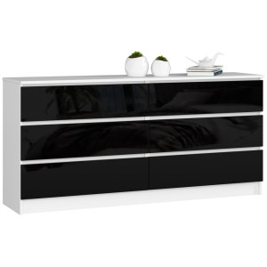 Grande Commode Pour Le Salon Akord K160 Blanche 160 Cm 6 Tiroirs Façade Noir Brillant 160X40X77 Cm