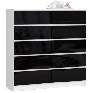 Commode Akord K120 Blanche 120 Cm 10 Tiroirs Façade Noir Brillant 120X40X121 Cm