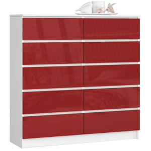 Commode Akord K120 Blanche 120 Cm 10 Tiroirs Façade Rouge Brillante 120X40X121 Cm